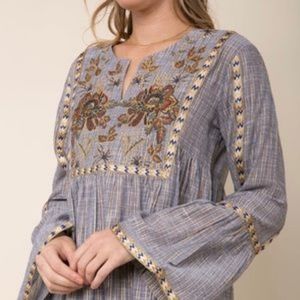 RAGA Blue Embroidered Boho Blouse with Brown Floral Detail